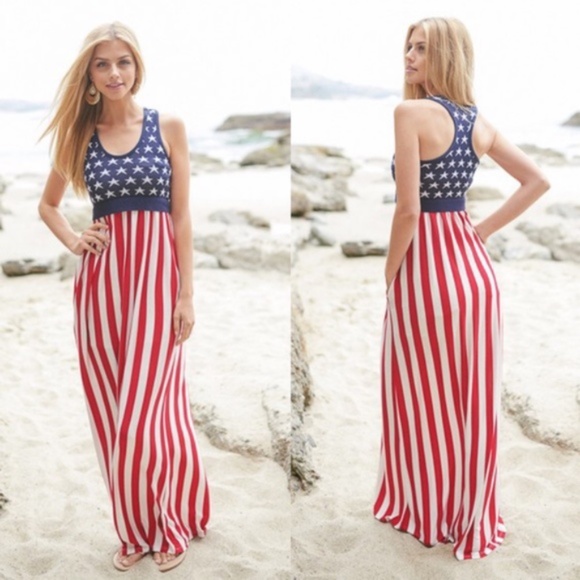 BellanBlue Dresses & Skirts - Boho American Flag Stars Stripes Red Maxi Dress